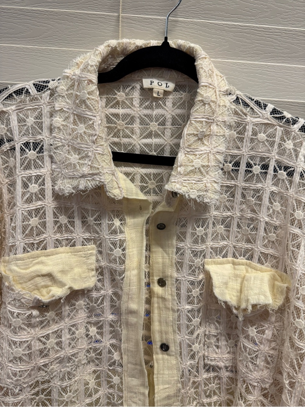 POL crochet grid button-up shirt in cream and pale yellow